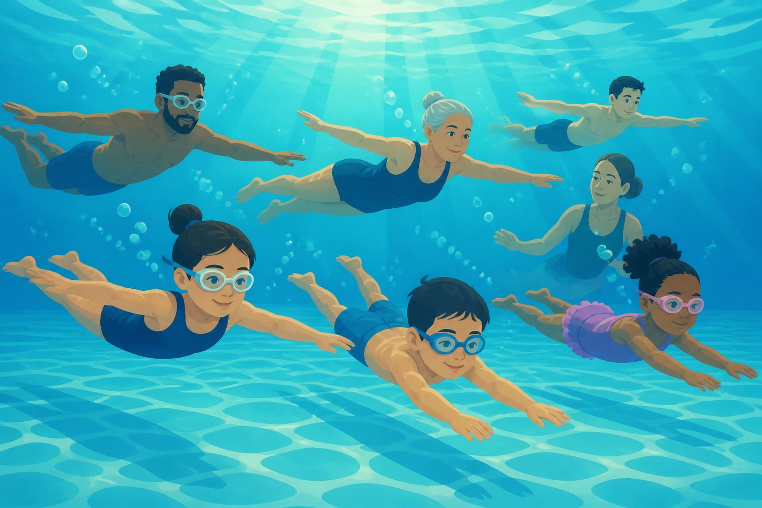 Illustration of diverse beginner swimmers learning to float and kick underwater