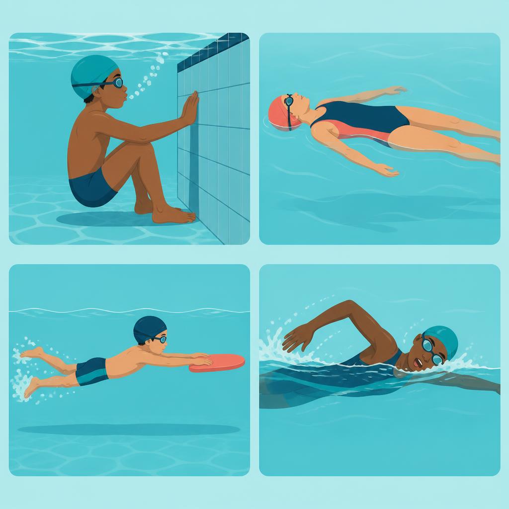 Illustrated technique diagrams: bubble breathing at the wall, back float, kickboard flutter kick and freestyle breathing